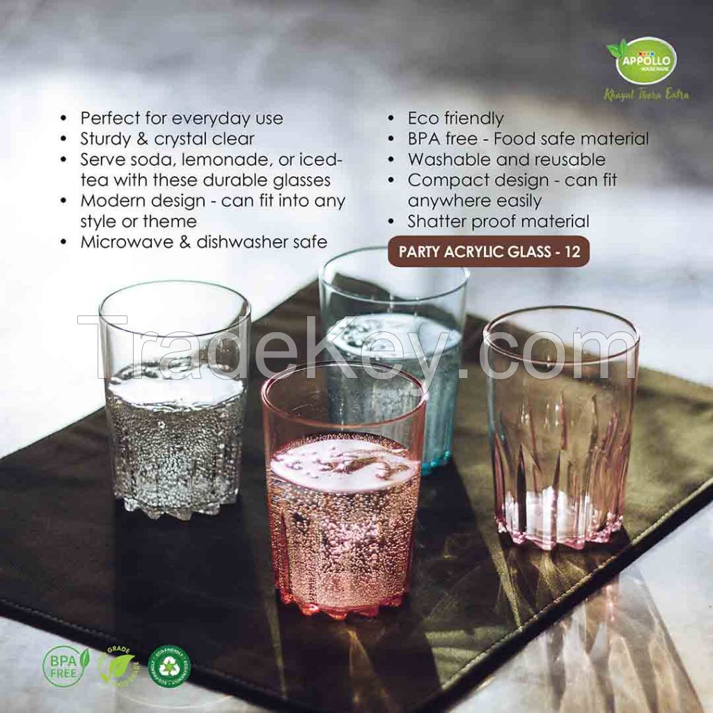 Party Acrylic Glass model-12 with stylish and attractive design, ideal for picnics, BBQ, camping, and birthday parties. High premium quality and dishwasher safe.