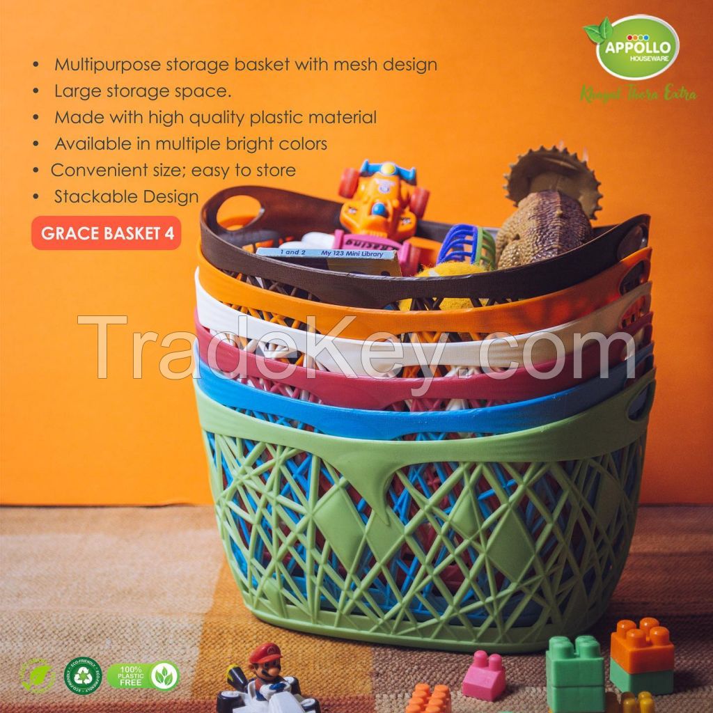 Appollo houseware Grace Basket model 4 fruits and vegetables basket for kitchen washable easy to handle durable high quality plastic basket for storage, unbreakable, non-toxic, BPA free basket, stackable and space saver design.