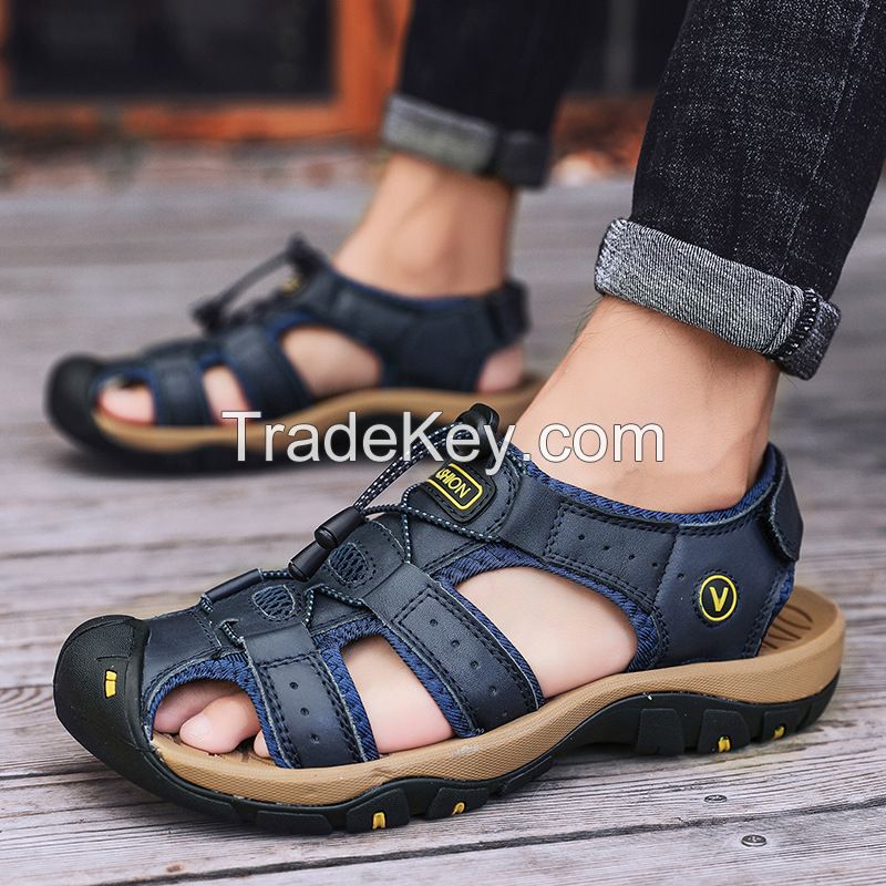 Large size summer men's top layer cowhide cap toe casual outdoor genuine leather beach sandals