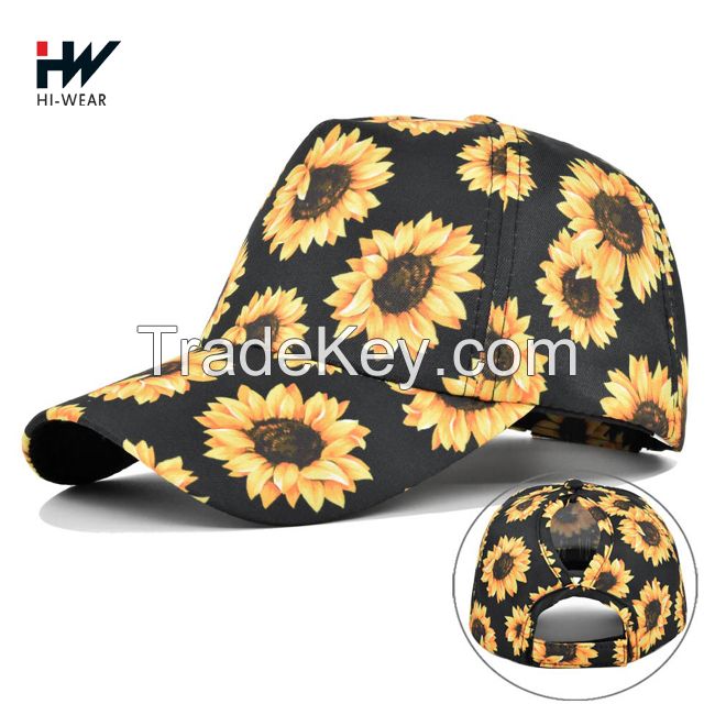 New Fashion Sunflower Printing Baseball Cap Women Dad Hat Trucker Ponytail Hat Caps