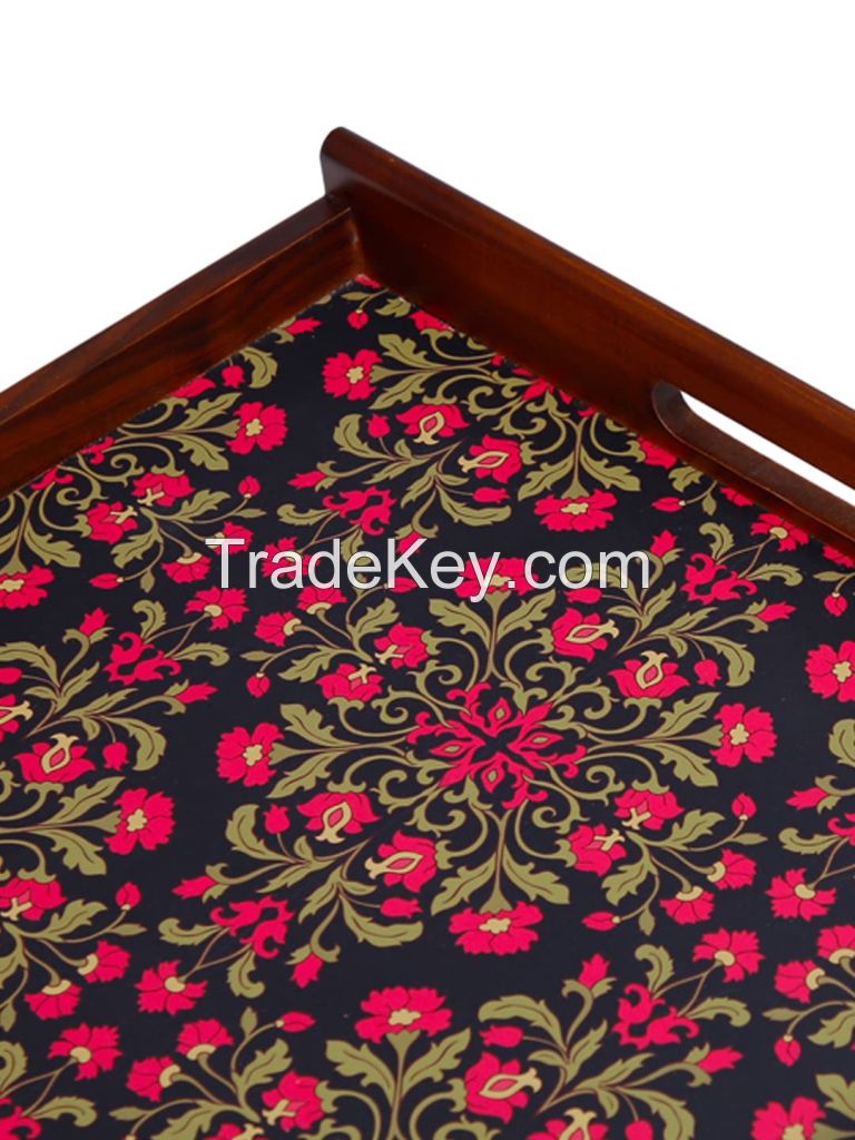 Set of 3 Navy & Coral Red Flower Digital Print Teak Wood Serving Trays