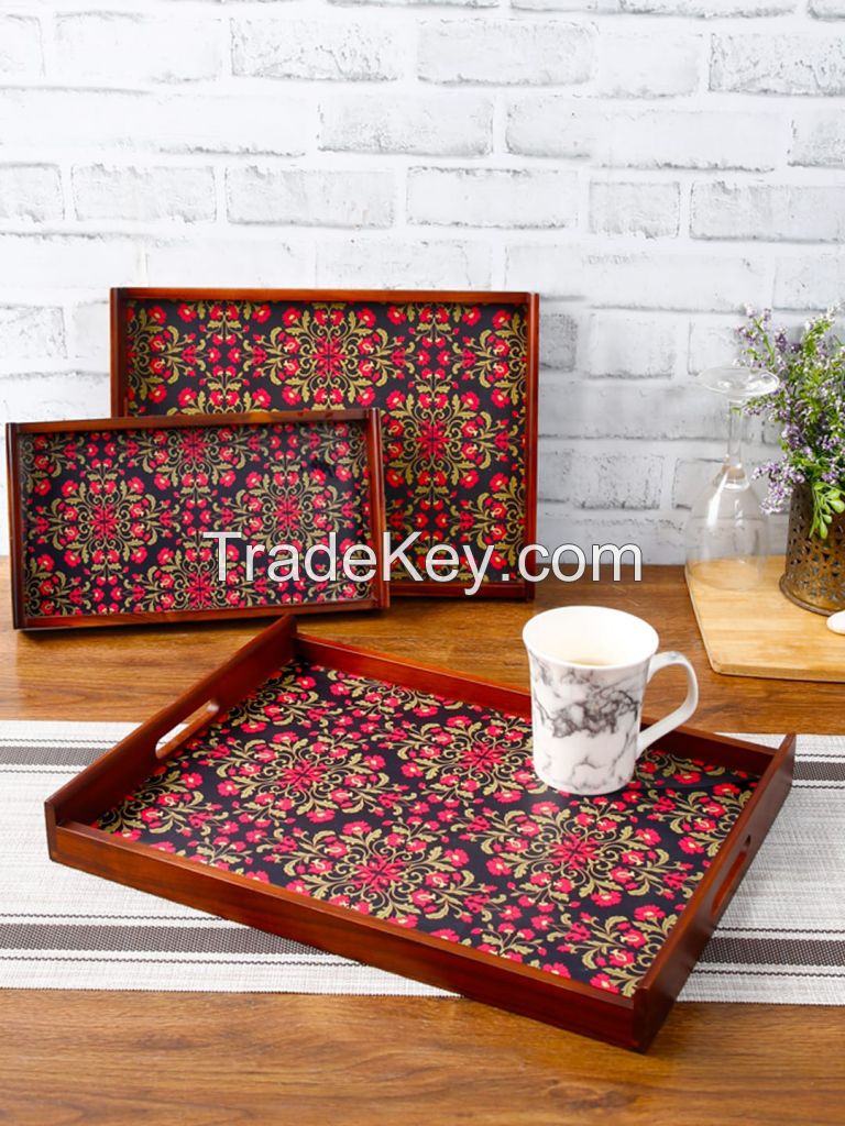 Set of 3 Navy & Coral Red Flower Digital Print Teak Wood Serving Trays