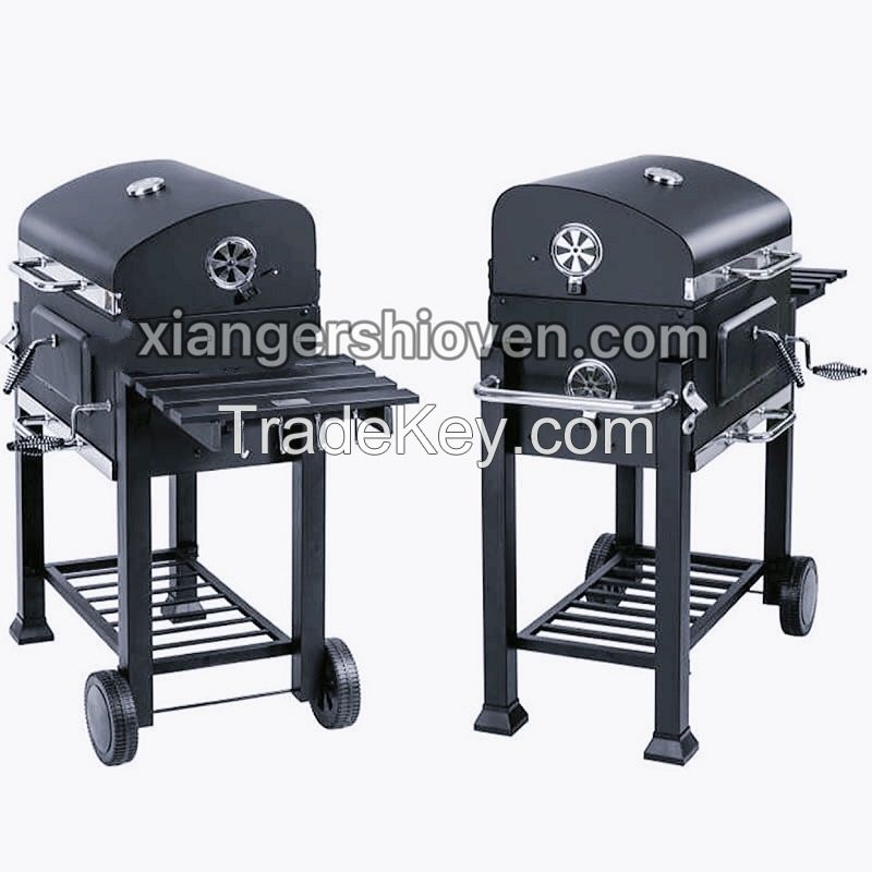 Cast Iron BBQ Grill Trolley Offest Smoker Barbecue Grill with Side Table- BG-H03S-W