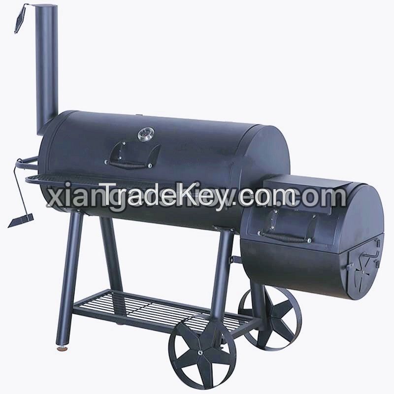 Black Trolley Charcoal Barbecue BBQ Smoker Grill with Offset Smoker- BG-H02S-W