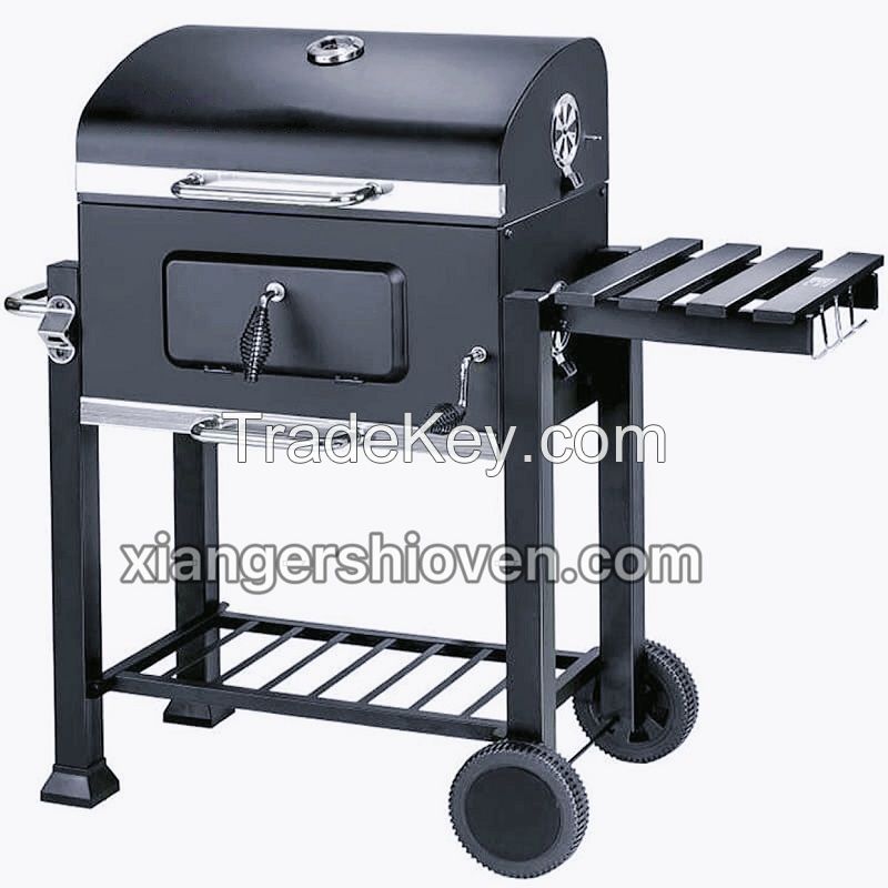 Cast Iron BBQ Grill Trolley Offest Smoker Barbecue Grill with Side Table- BG-H03S-W