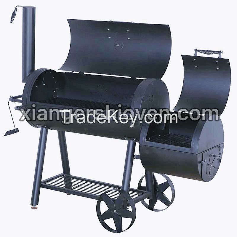 Black Trolley Charcoal Barbecue BBQ Smoker Grill with Offset Smoker- BG-H02S-W
