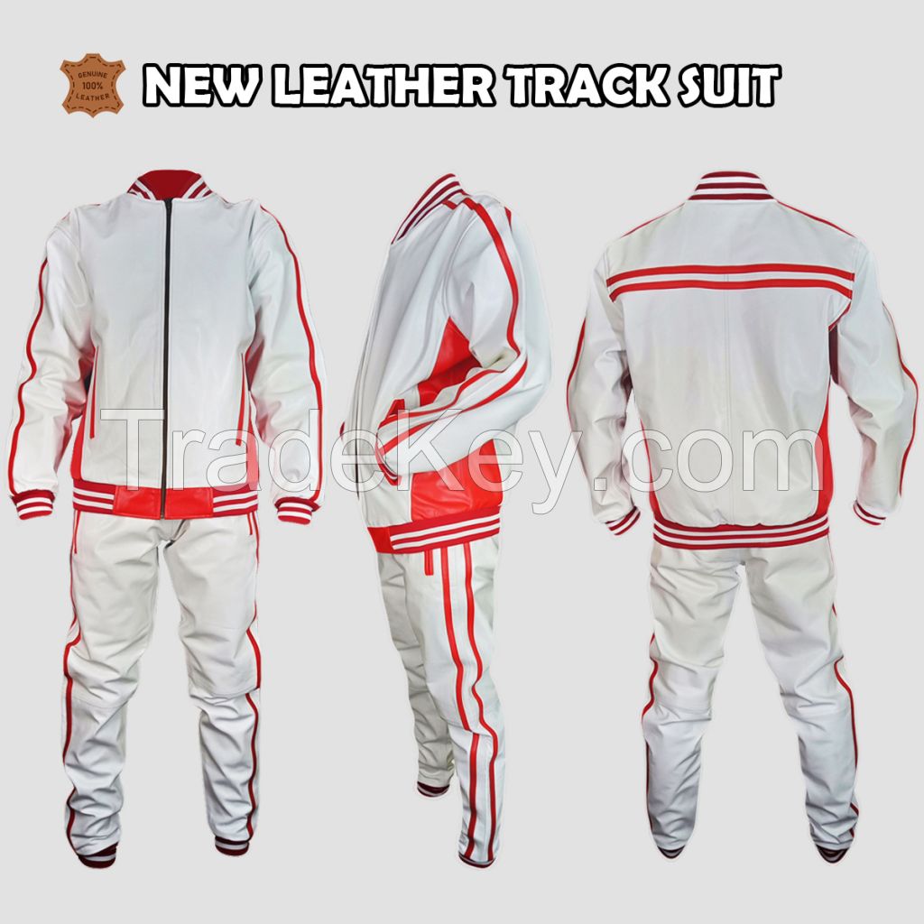 Men's Real Leather fashion style White with Red Strip Tracksuit Set