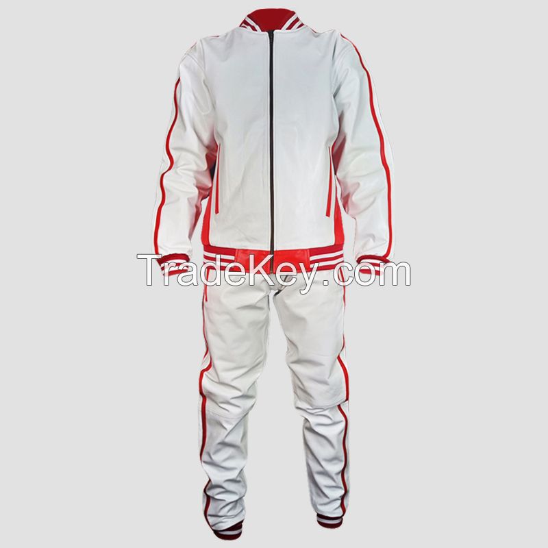 Men's Real Leather fashion style White with Red Strip Tracksuit Set