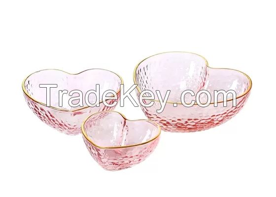 Hand Made Heart Shaped Glass Bowls, Lead Free Salad Bowl Set with Gold Rim