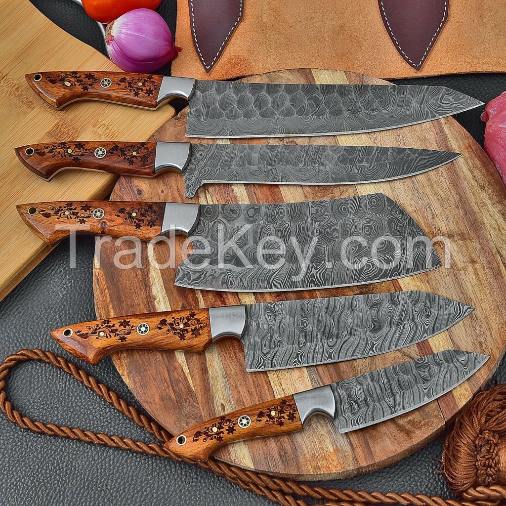 Damascus Steel Kitchen Chef Knife Set Chef's 5 Knives With Free Leather Roll Bag