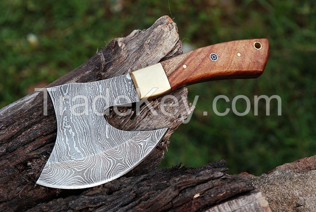 15 inch Damascus Axe with Rose Wood Handle and Leather Sheath Best for Outdoors