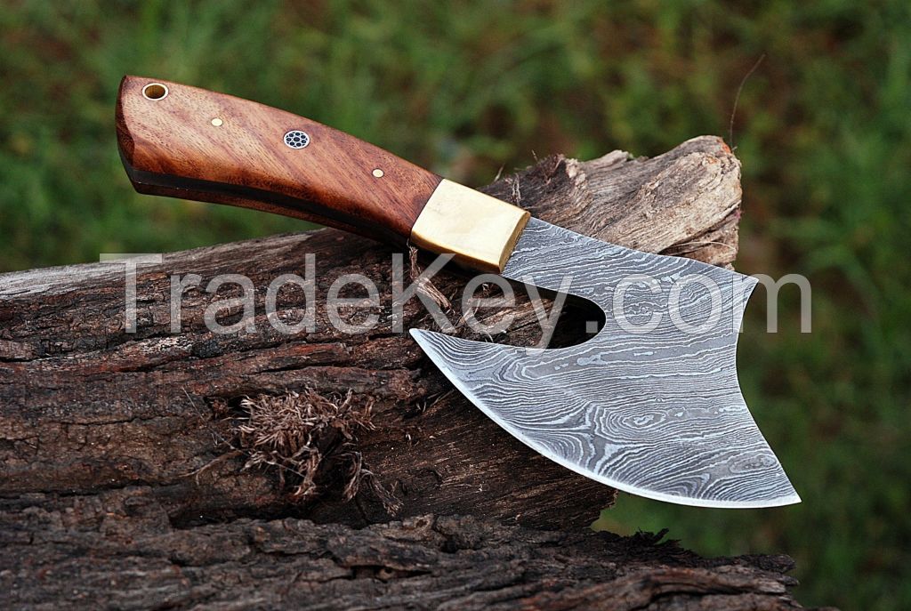 15 inch Damascus Axe with Rose Wood Handle and Leather Sheath Best for Outdoors