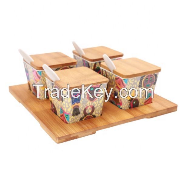 small bamboo white color kitchen spices canister set with bamboo tray