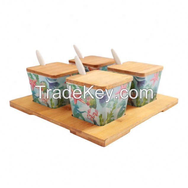 small bamboo white color kitchen spices canister set with bamboo tray