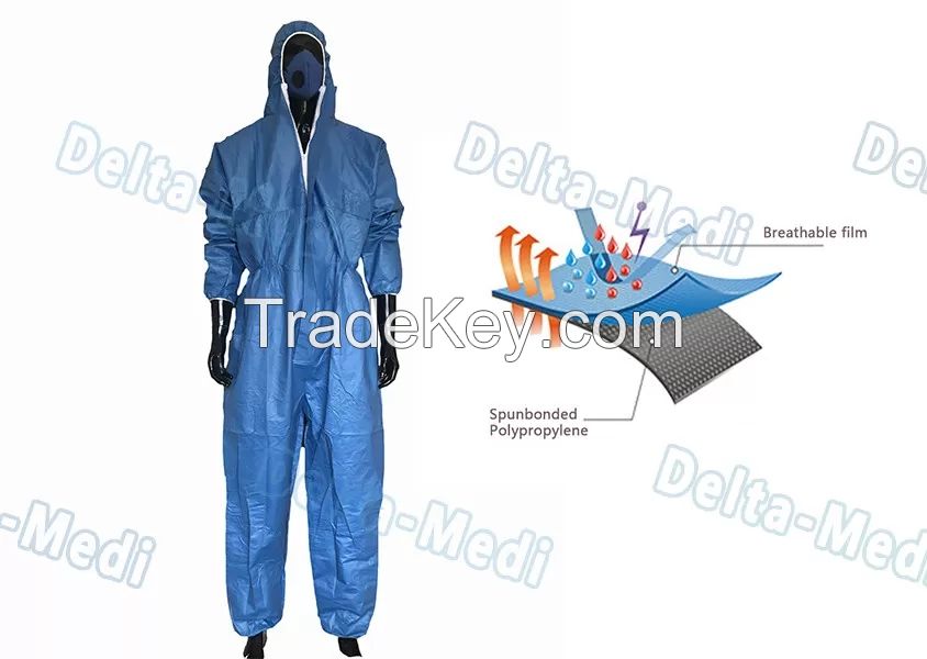Hooded Blue Disposable Coveralls , Sterile Sms Disposable Chemical Coveralls