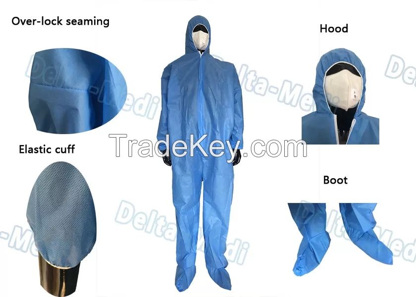 Hooded Blue Disposable Coveralls , Sterile Sms Disposable Chemical Coveralls