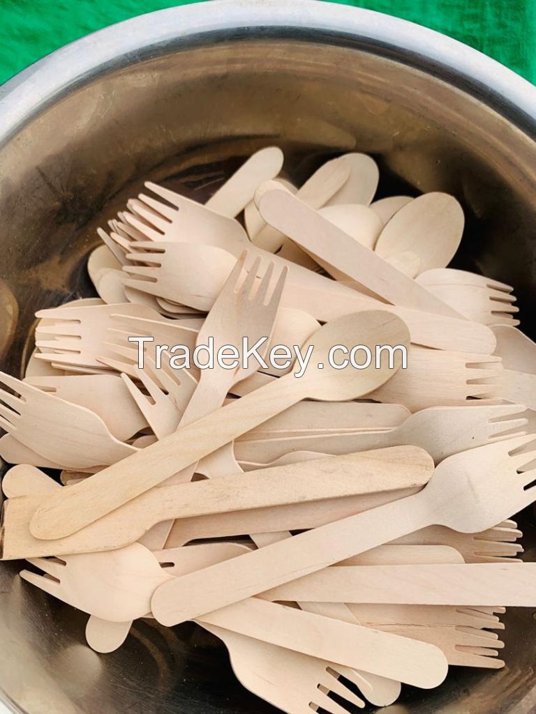 disposable wooden spoons, knives, forks