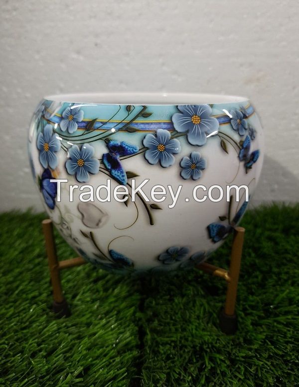 Floral White Planter With Golden Stand