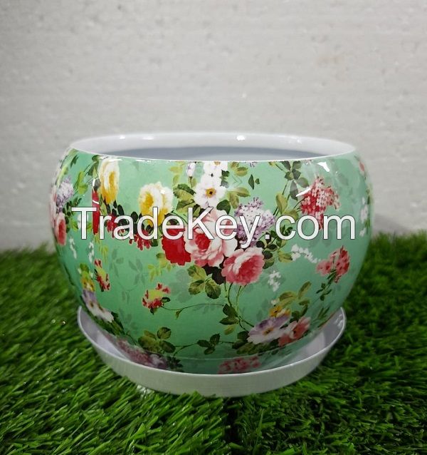 Floral Metal Planter with White Plate (Sea Green)