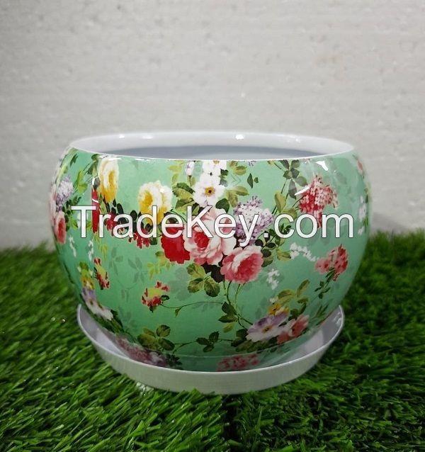 Floral Metal Planter With White Plate (sea Green)