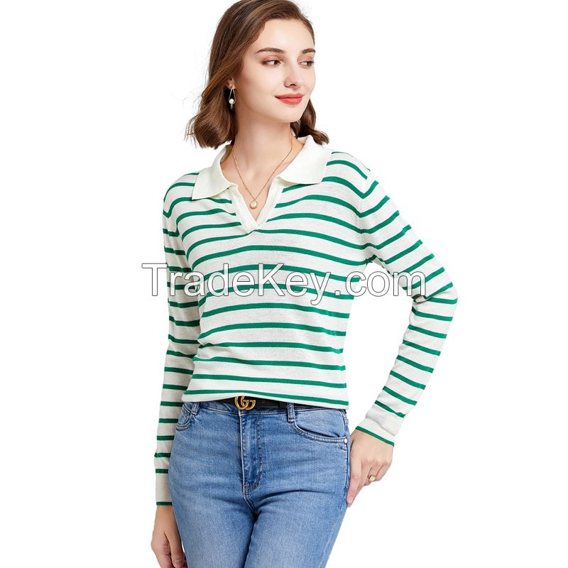 Autumn and winter half lapel stripe knit leisure loose Long sleeve fashion coat Vintage t-shirts wom