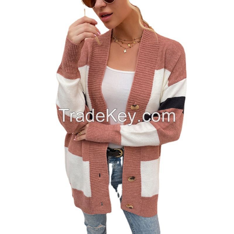 Sweater women&apos;s 2021 autumn winter stripe color matching button Design new coat sweater cardiga