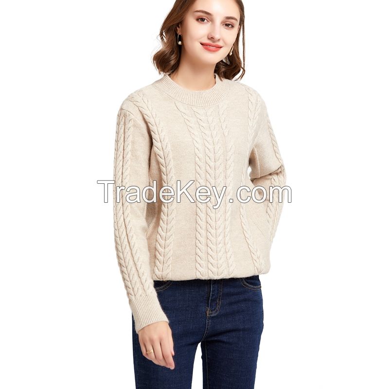 Wholesale  women pullover sweaters crew neck sweater long sleeve sexy thick Twist design knit sweate