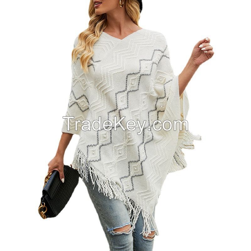 2021 autumn New women&apos;s wear express wish wave stripe cloak tassel shawl coat sweater for women