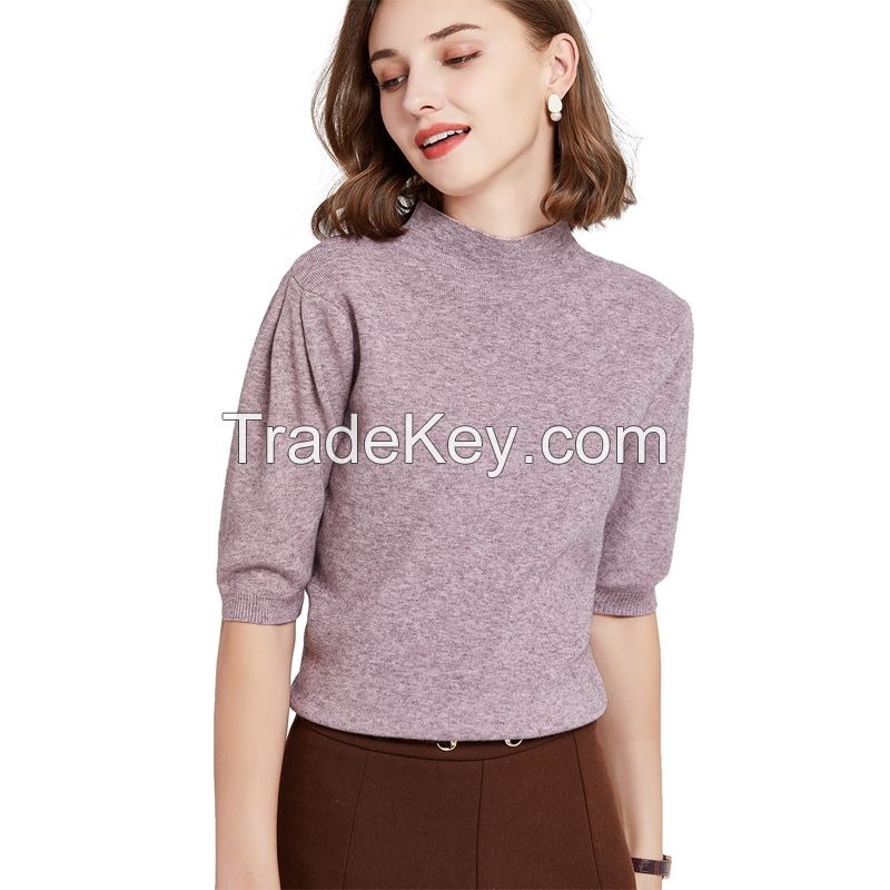 2021 New Fashion Women Girls  half sleeve half high collar Pullover Blouse Short Sleeve Solid Color 