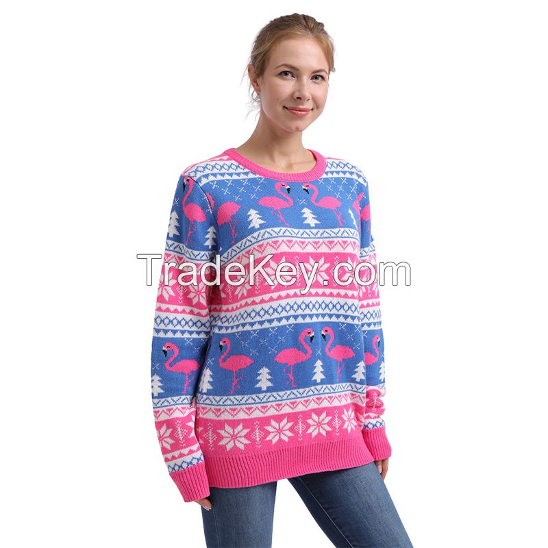 OEM New Design Flamingo Jacquard Pink Christmas sweater Knitted jumper Autumn and Winter Plus size W