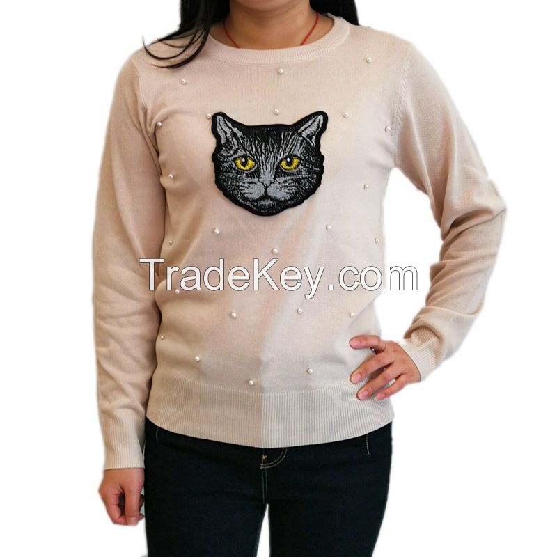 Wholesale Latest design fashion o-neck long sleeve embroidery & beading pearl sweater knitted pullov