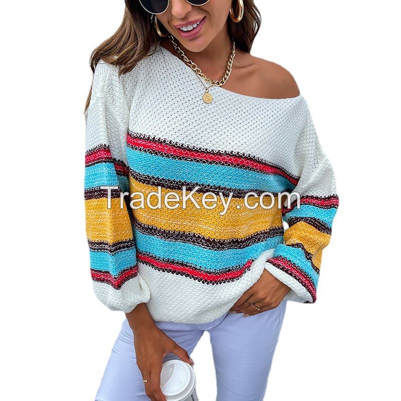 Trendy Women&apos;s high street crew neck sweaters striped knitted pullover custom women knitted swe