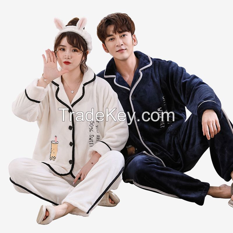 Wholesale custom Men and women pajamas Family pajamas set V neck long sleeve embroidery couple pajam