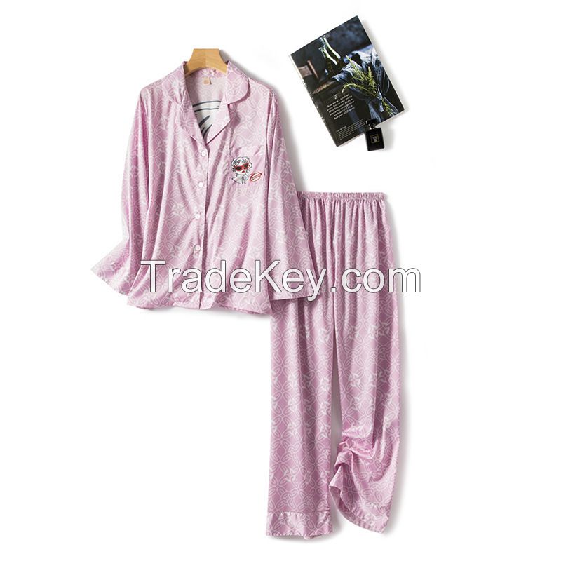 Family pajamas new design hot sale V-neck long sleeve satin ladies printing cartoon cute sleepwear w