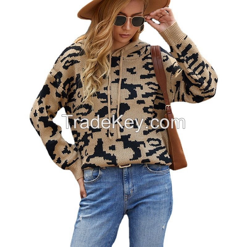 Custom jumper Sweater women 2021 new sweater leopard design drawstring women&apos;s Hoodie Sweater