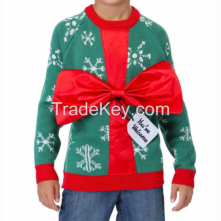 Wholesale Children knitted jumper red big bow Christmas party pullover Custom snow flower Christmas 