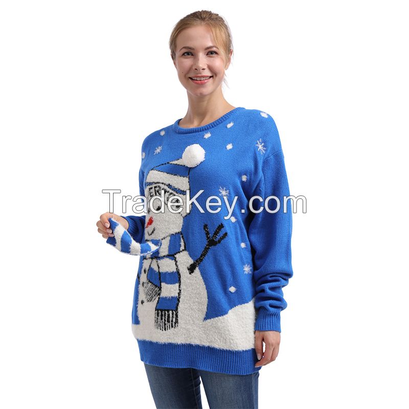 New Design cartoon Snowman with 3D snowball hat plus size women sweater Blue O-neck Knitted pullover