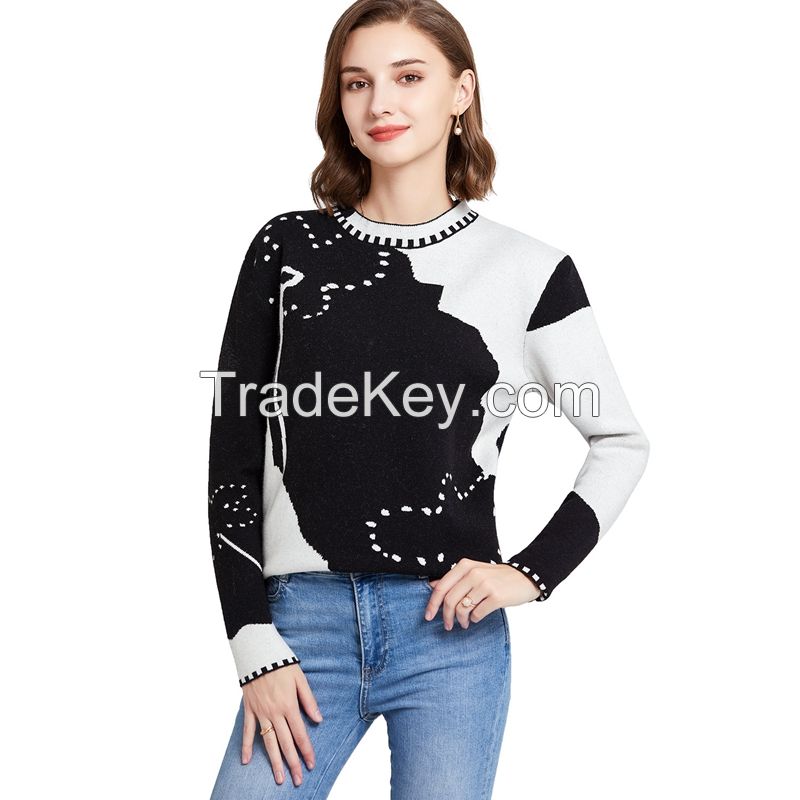 Autumn and winter round collar long sleeve custom crew necked Jacquard design knitted sleeve women s