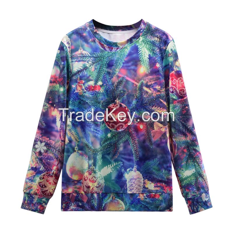 High Quality  Crew neck Long Sleeve  Women Hoodie 3D printing POM POMS and tree Christmas pullover j