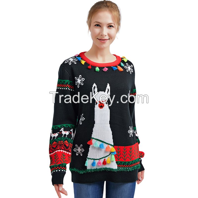 2021 New Design Alpaca jacquard Autumn Winter Knitted pullover Custom Plus size Women sweater Ugly c