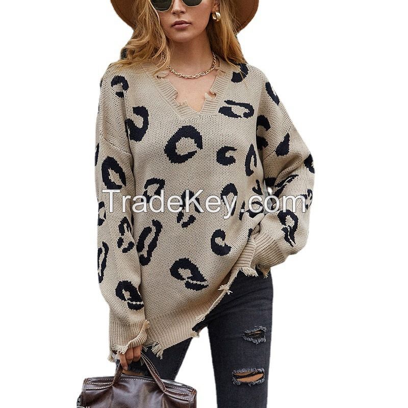 2021 Autumn winter v-neck Leopard grain knit Sweater female Amazon hot sale new manual tassel Women&