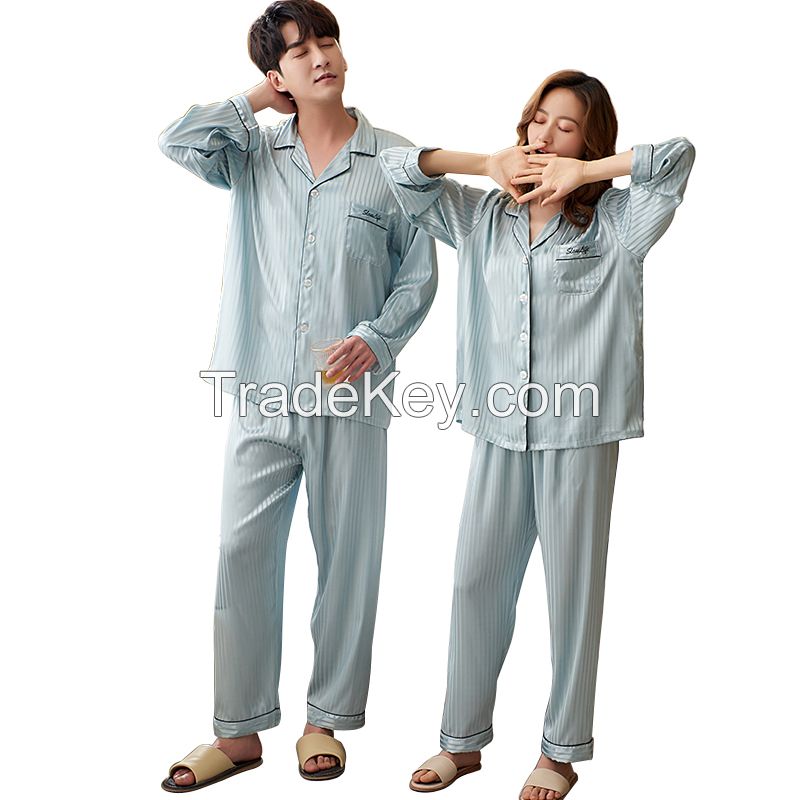 Family pajamas High Quality super soft satin women pajamas set V-neck long sleeve solid color  lover