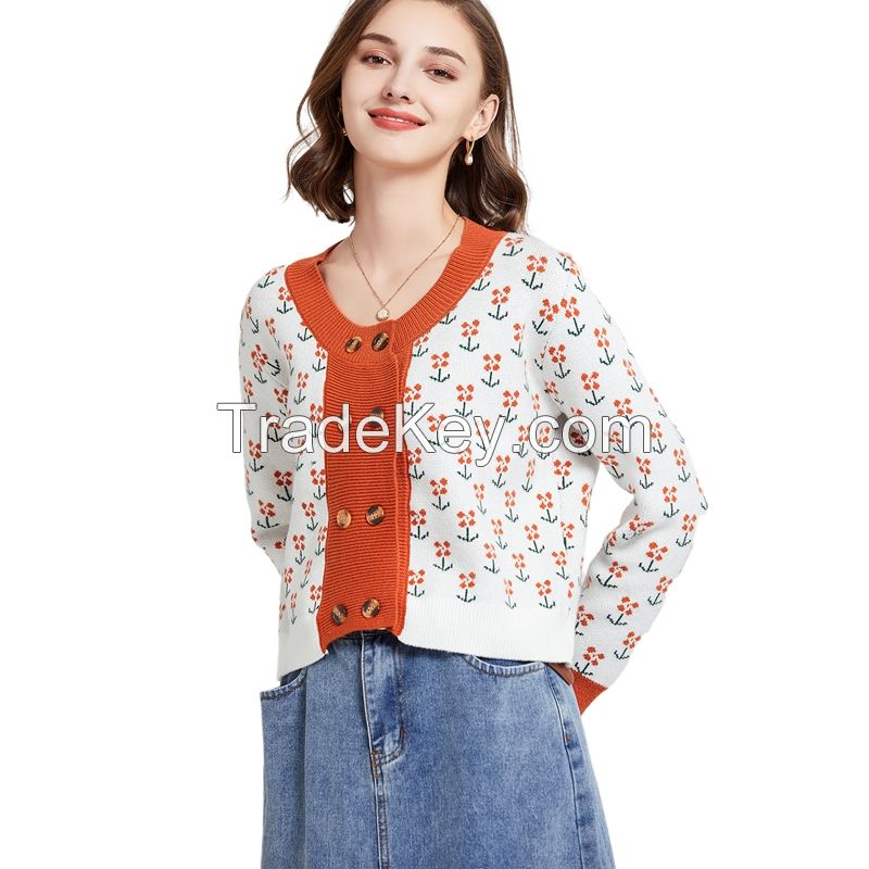 Wholesale custom female Short sweater Floral jacquard design Knitting cardigan sweater for women