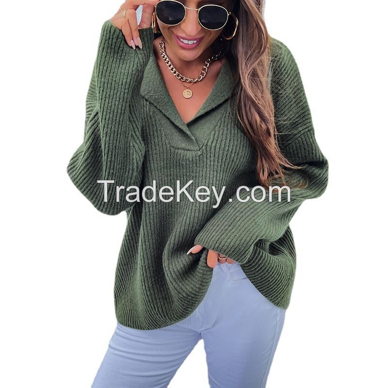 Custom design women jumpers turn-down collar rib Knitted pullovers plus size women&apos;s sweaters
