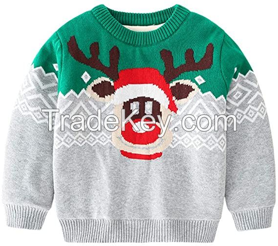 Wholesale Children Christmas sweater Custom cartoon Jacquard Boys Knitted add fleece lining Pullover