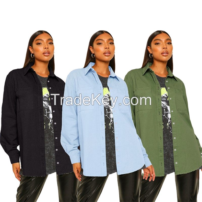 Wholesale Fashion style new design turn-down collar full sleeve women denim jeans shirt blouse