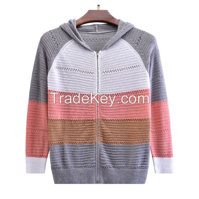 New Design stripe color CF zipper & hoodie cardigan stitch ladies pullover Women Knitted cardigan sw