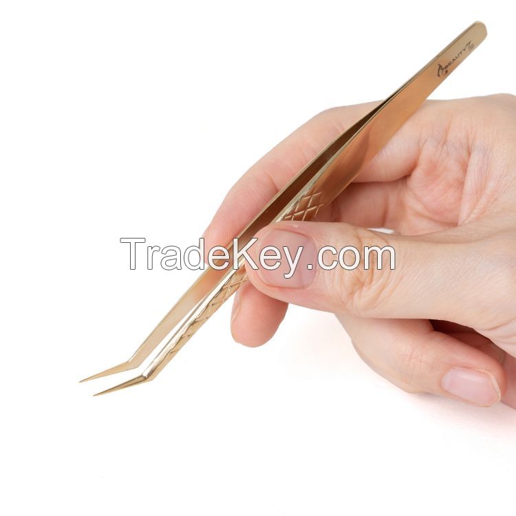 Gold Eyelash Tweezers Stainless Steel Tweezers L Shape