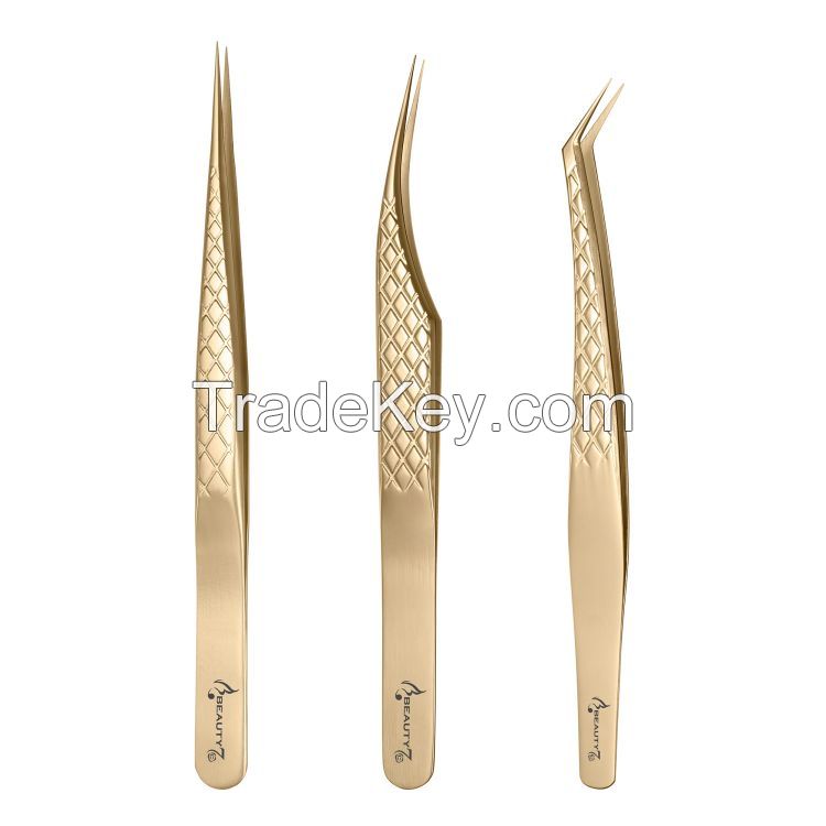 Gold Eyelash Extension Tweezers Set 3-Pcs Diamond Grip Lash Tweezers