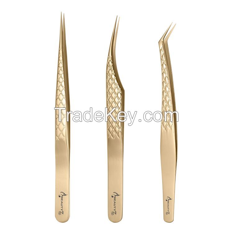 Gold Eyelash Extension Tweezers Set 3-pcs Diamond Grip Lash Tweezers